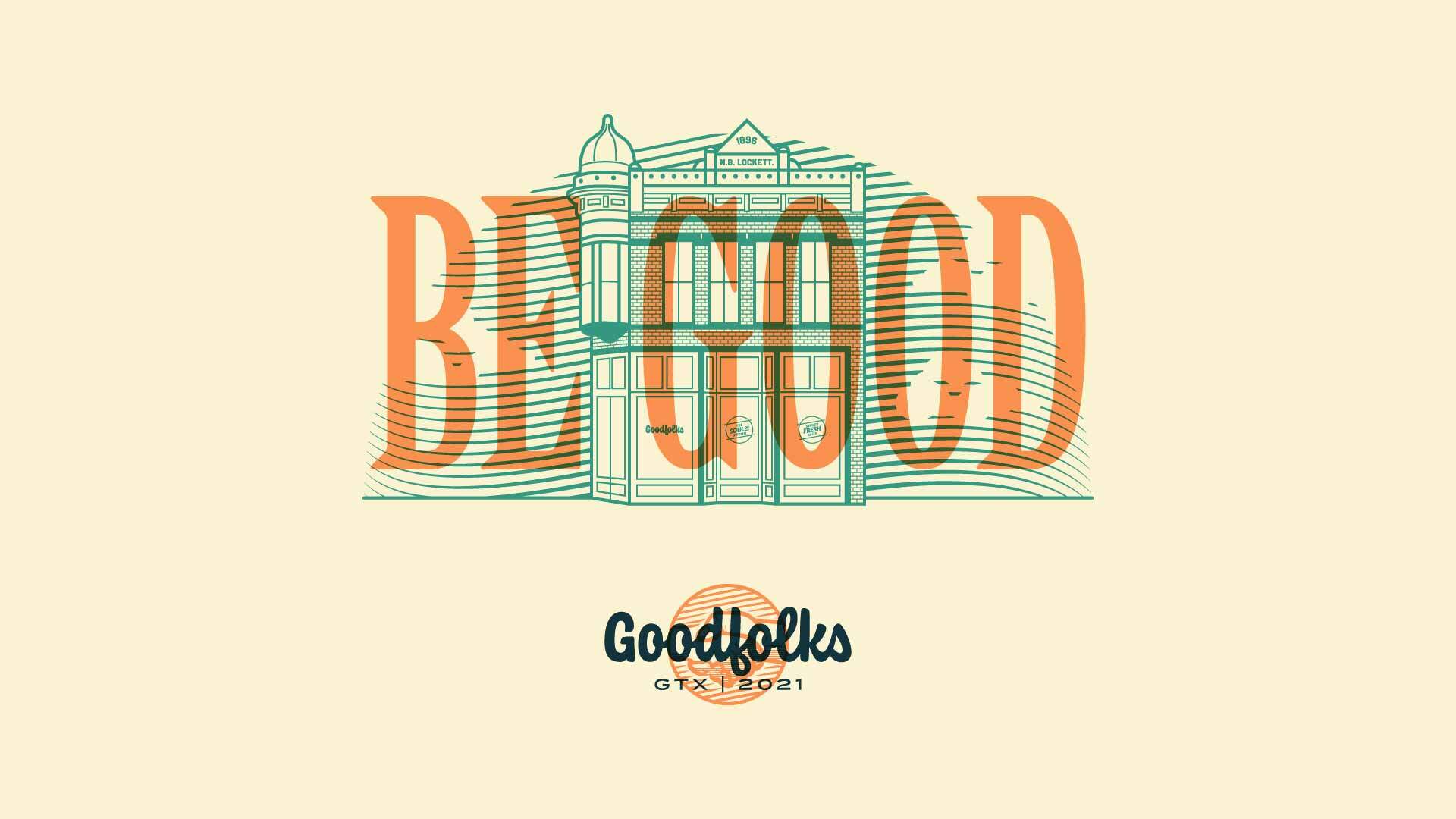 Branding design illustration of the EB Lockett building in Georgetown, Texas created for Goodfolks by 澳洲幸运5开奖结果历史记录查询 Tilted Chair reading "BE GOOD"